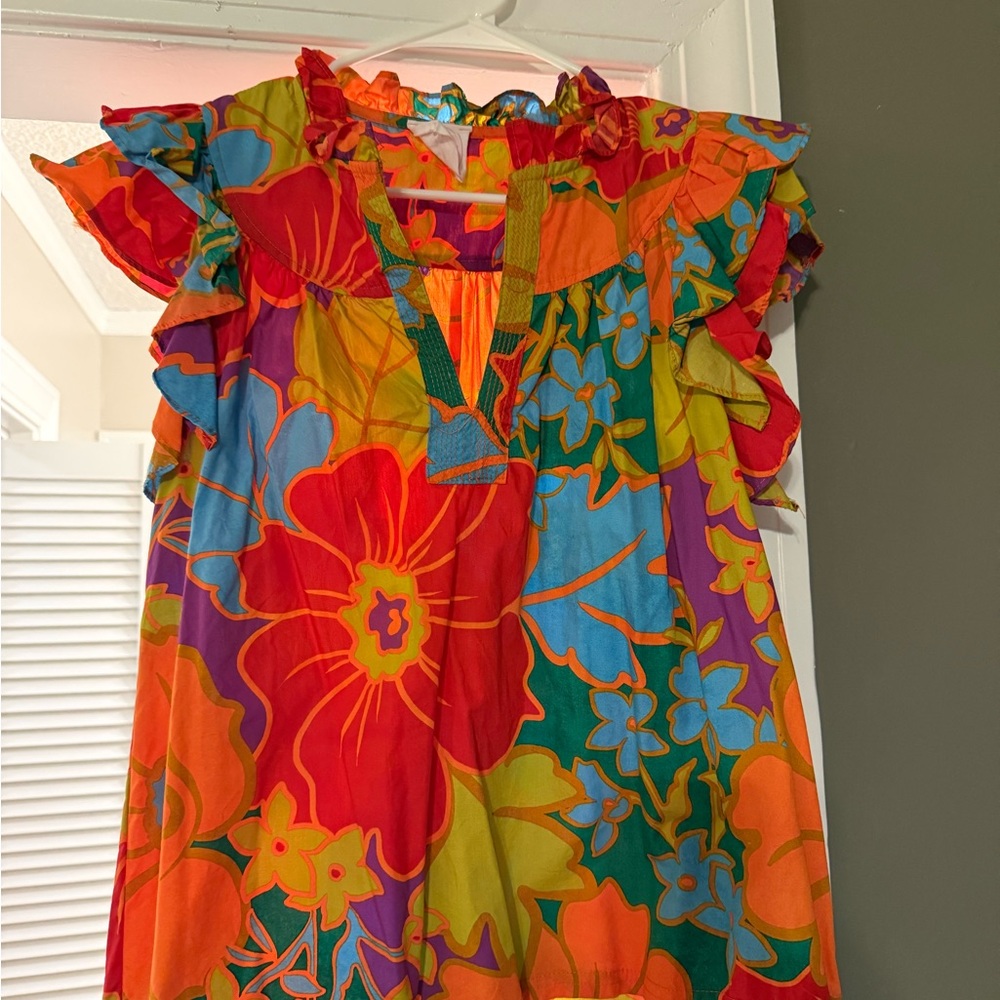 Bright Multicolor Floral Ruffle-Sleeve Blouse